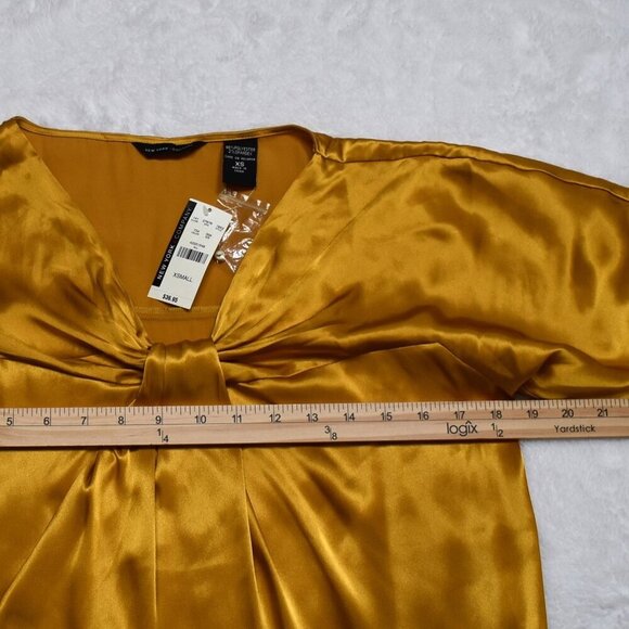 New York & Co Satin Blouse XS Draped Mustard Whimsigoth Holiday Party Cocktail - Picture 12 of 15